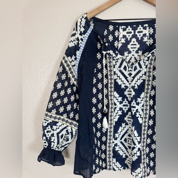 Tory Burch Candice Printed Silk Cotton Blouse in Blue $496 - Picture 8 of 16